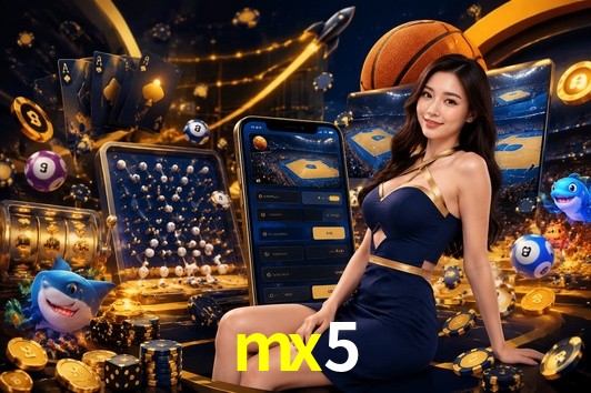 Una escena digital vívida inspirada en casino con mx5 mostrado prominentemente, luces brillantes, fichas, cartas y acentos dorados.