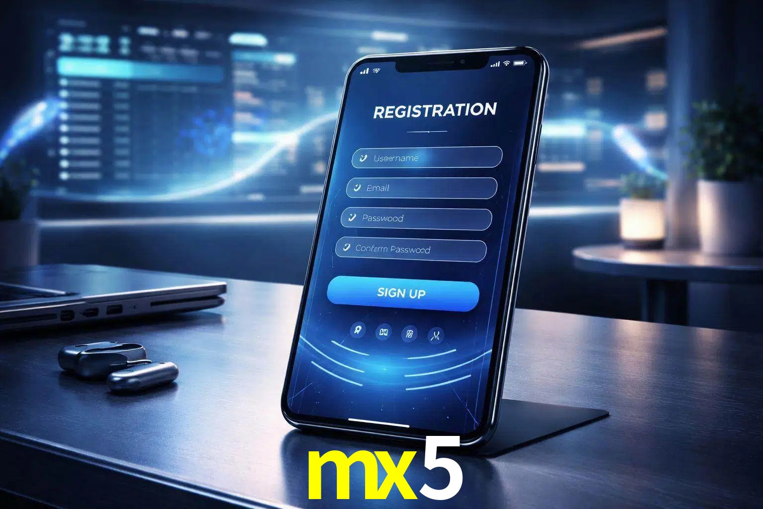 Una interfaz moderna de registro móvil para mx5 mostrada en un smartphone con un panel de apuestas elegante.